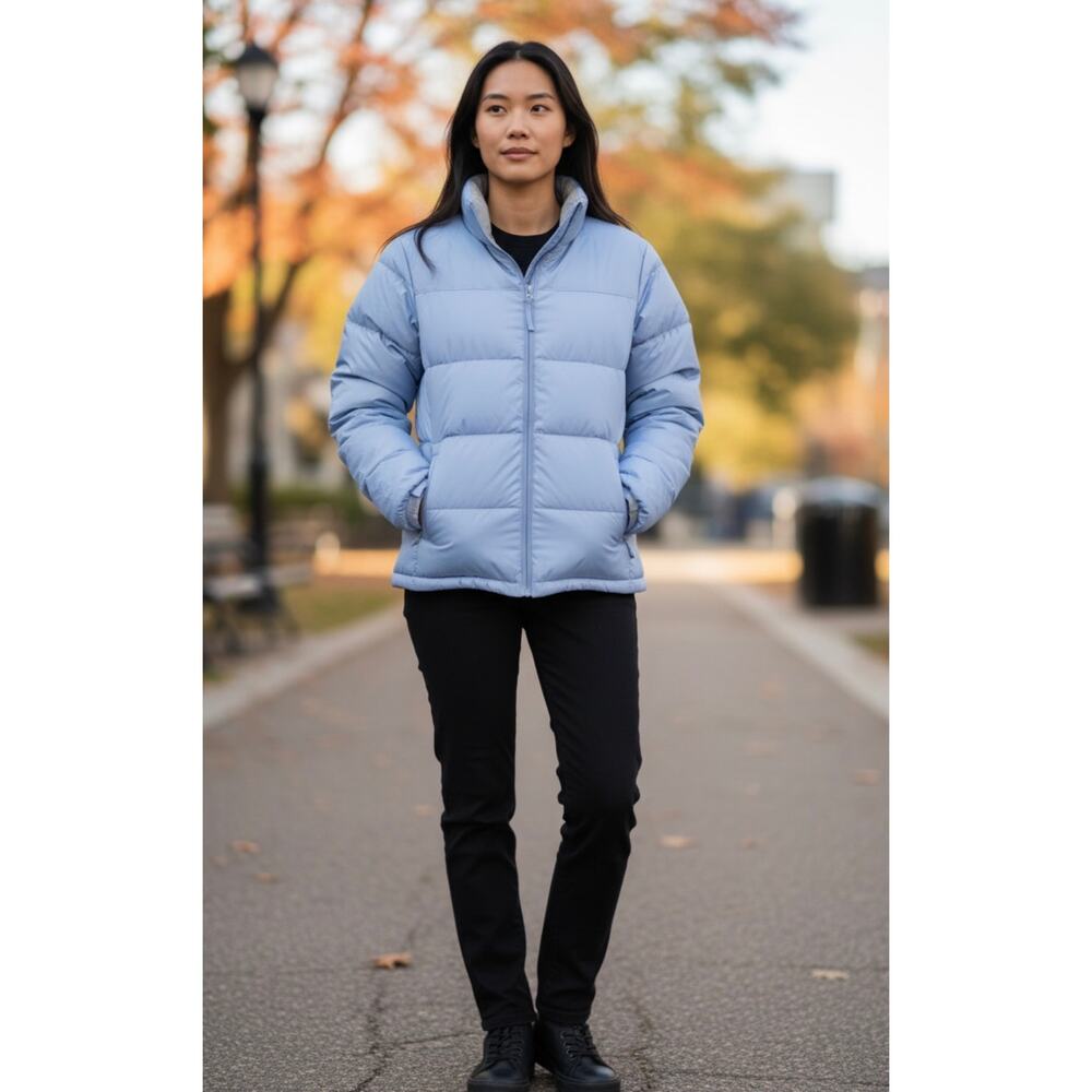 Jansport Down Puffer Full Zip Snowflake Print Jacket Light‎ Blue Size Large
